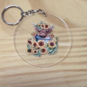 Sunflower Highland Cow Keychain